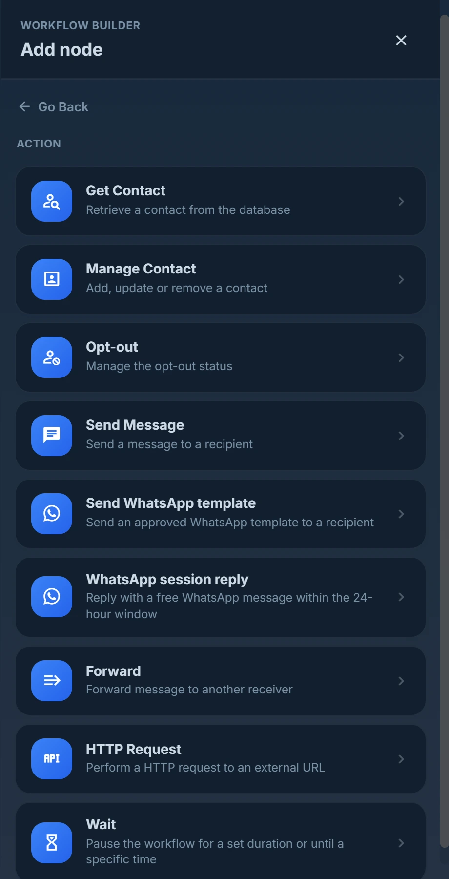 Dodawanie węzła w kreatorze workflow: wybieraj spośród akcji takich jak Wyślij wiadomość, Szablon WhatsApp, Żądanie HTTP i Czekaj